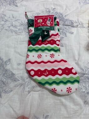Dolly Parton Holiday Candy Stripe Stocking with Green Bow -